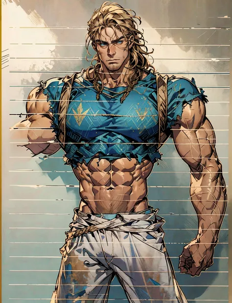 A middle-aged man, dark golden long hair, a wild and unkempt hairstyle, a melancholic gaze, a dignified expression, a tall and muscular physique, a hint of stubble on his face, a fantasy-style tattered clothing, ripped sleeves, reveals his abdominal muscle...