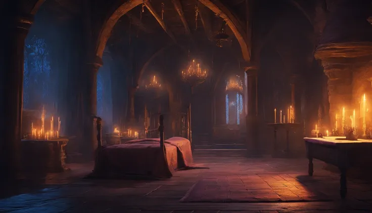 a medieval bedchamber in the night fit for royalty. The atmosphere is calm and empty with feelings of burden and illness, candles, cold colors