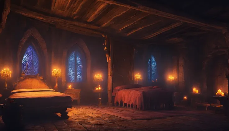 a medieval bedchamber in the night fit for royalty. The atmosphere is calm and empty with feelings of burden and illness, candles, cold colors