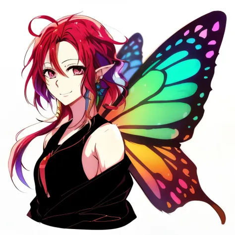 menina anime com asas de borboleta, sorrindo como uma rainha de fadas, com belas asas, personagem pixie, rainbow wings, fada, be...