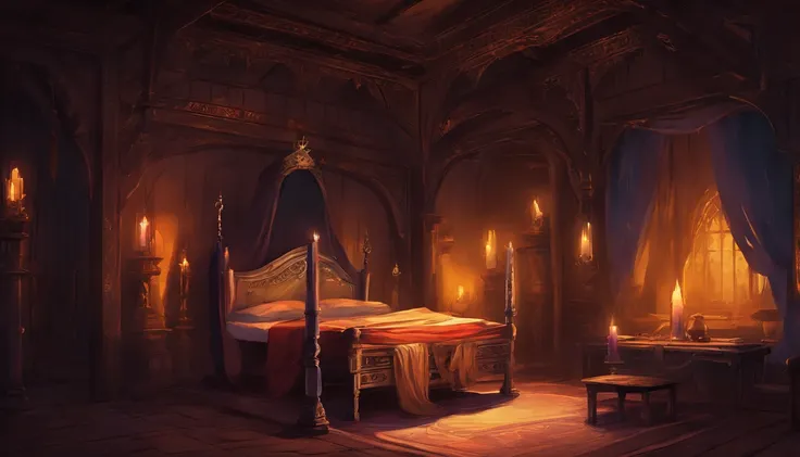 a medieval bedchamber with one bed fit for royalty. It is nighttime and the atmosphere is calm and empty. There is illness and candles, the colors are cold