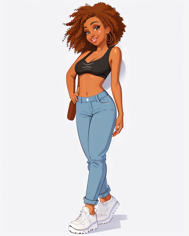 mulher de desenho animado com roupas esportivas andando e sorrindo, mulher em forma, Cartoon style illustration, menina em forma, standing athletic pose, mulheres de corpo inteiro, Mulher jovem afro-americana, full length illustration, character is in her ...