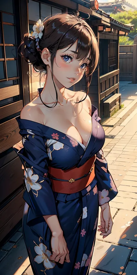 (masutepiece:1.3),(((Off-shoulder red yukata)))(((Emphasis on big breasts and cleavage、)))High resolution,Blonde short bob hair、 ultra-detailliert, the Extremely Detailed CG Unity 8K Wallpapers, Realistic, Photorealsitic, Raw photo, beautifull detailed fac...