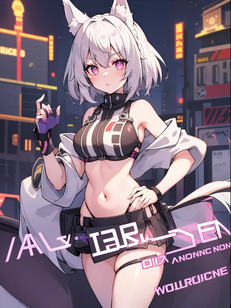 1girl, solo, wolf girl, wolf ears, short eyebrows, Animal ears, purple nails, white skin,  large breasts, (hair over eyes:1.1), ringed eyes, pink pupils, silver hair, Pointy hair, Short hair, Asymmetrical bangs, Braid, (police:1.4), (handcuffs:1.2), (arous...