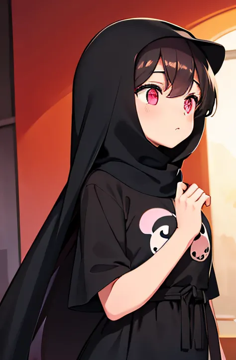 An Islamic girl, long black hair, pink eyes, brown skin wearing a black veil, an orange panda shirt, long black dress