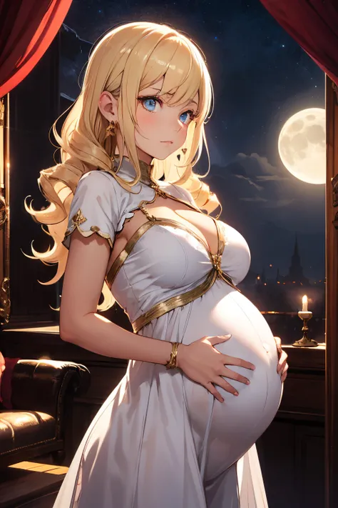 1girl, princess wear dress, blonde hair, drill, gold eye, medium breast, portrait, relief, emotionless, relief expression, red ear, charming, glowing, sidelighting, pregnant, touching belly with her hand, stand, sky view, moonlight