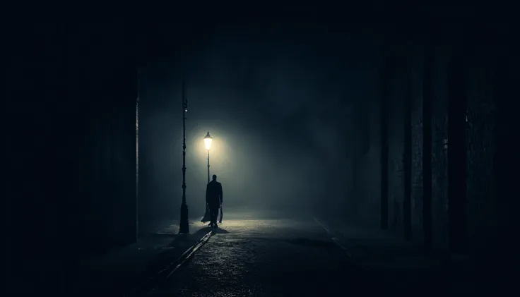 a man is walking alone at night under a flickering street lamp, getting followed by a man (shadow figure), make it dark and spoo...