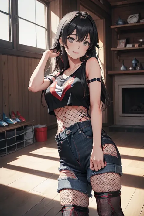 (masterpiece, best quality:1.2), cowboy shot, solo, 1girl, yukinoshita yukino, smile,  face, red face, moan face, ((looking at viever:1.4)), ((short jeans:1.4)), ((black tank tshirt:1.4)), ((underboob)), ((fishnet stockings:1.4)), ((full body)), ((standing...