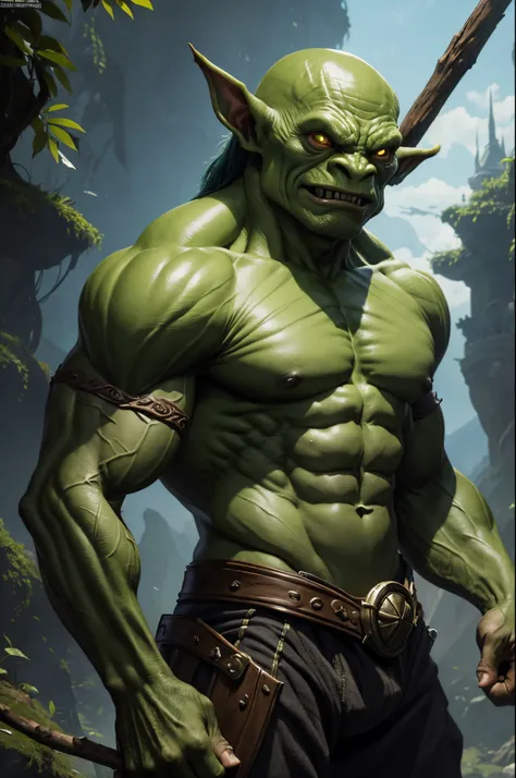 8K,1 green-skinned goblin,(realistic representation)A man in a green costume is holding a stick、dragon fantasy goblin、goblin art、Medium portrait of a goblin、orc themed、goblin portrait、super detailed fantasy characters、orcs、Humanoid Creatures、creature conce...