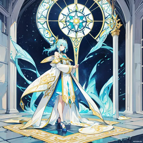 A woman wearing "light" themed clothing. Fantasy style. Stained glass style.