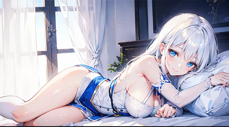 white hair , blue eyes , lay on bed , a woman , smile