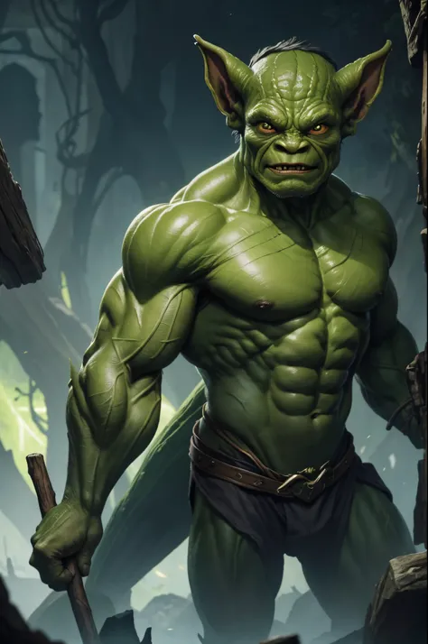 8K,1A small green-skinned goblin,(realistic representation)A man in a green costume is holding a stick、dragon fantasy goblin、goblin art、Medium portrait of a goblin、orc themed、goblin portrait、super detailed fantasy characters、Humanoid Creatures、creature con...