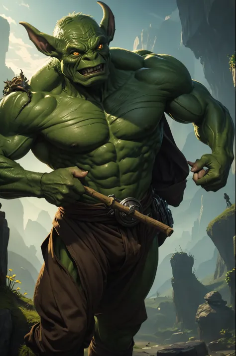 8K,1A small green-skinned goblin,(realistic representation)A man in a green costume is holding a stick、dragon fantasy goblin、goblin art、Medium portrait of a goblin、orc themed、goblin portrait、super detailed fantasy characters、Humanoid Creatures、creature con...