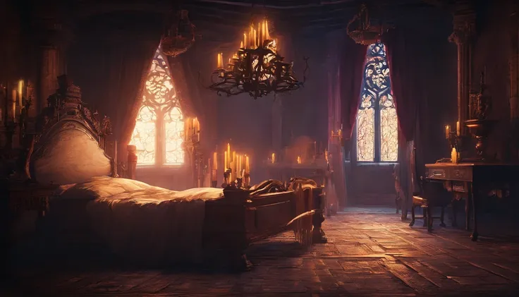 a medieval bedchamber in the night fit for royalty. The atmosphere is calm and empty with feelings of burden and illness, cold colors