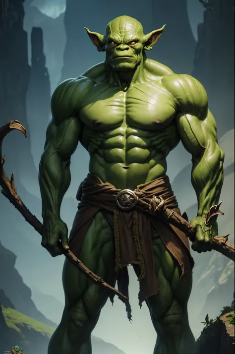 8K,1A small green-skinned goblin,(realistic representation)A man in a green costume is holding a stick、dragon fantasy goblin、goblin art、Medium portrait of a goblin、orc themed、goblin portrait、super detailed fantasy characters、Humanoid Creatures、creature con...