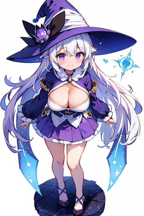 Only one girl、独奏、beautiful girl with long white hair、animesque、Cats ears、A bright erotic magic costume with a purple base that shows off your cleavage.、a short skirt、witchs hat、Colossal tits、Standing facing the front、Displays the whole body from head to to...