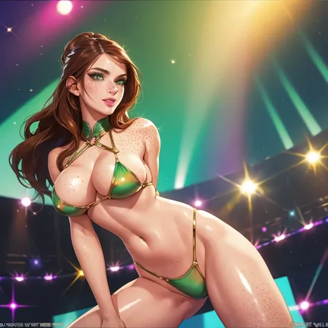 1girl,a beautiful fashion model ,(masterpiece, official art, best quality) (green eyes) ,long and shiny hair, brown hair, full lips, bratty look, smug, ((freckles)), big boobs, stripping, elegant makeup, exhibitionism, sexy out fit, slim thighs, toned body...