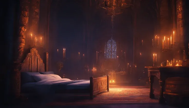 a medieval bedchamber with one bed fit for royalty. It is nighttime and the atmosphere is calm and empty. There is illness and candles, the colors are cold