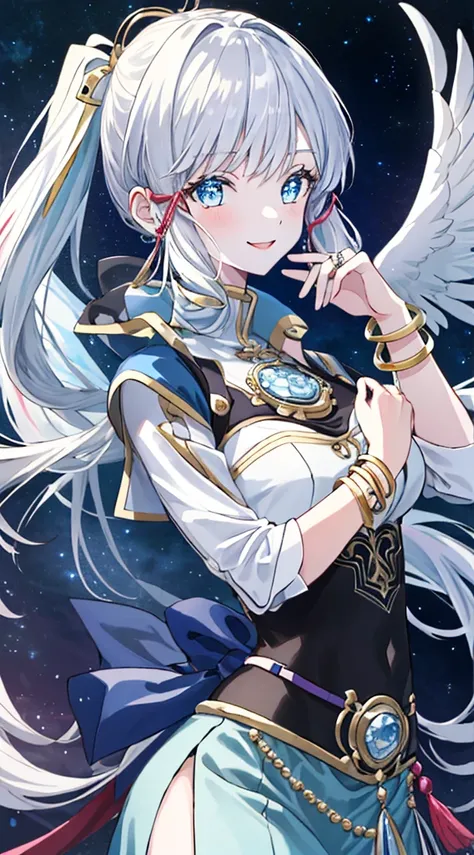 (best quality), looking at you, 1girl, pale skin, white hair, two tone hair, eyelashes, bracelet, jewelry, smile, gleaming skin, shiny hair, detailed and majestic stage, Fantasy, two-tone hair, night sky, Incredibly detailed CG illustration masterpiece,, a...