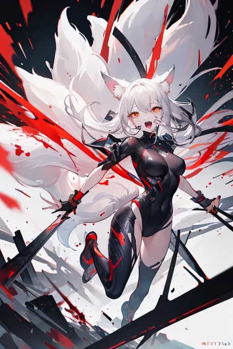 woman, R 18, Broken Suite, Armor Broken, Great Bloody Sword, ((best quality)), ((masterpiece)), (detailed), perfect face, human face, feline features all over the body, kitsune ears, kitsune eyes, kitsune teeth, human mouth, perfect body, Dynamic Perspecti...