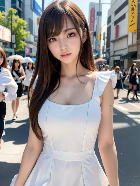 8k,best quality, masterpiece, ultra detailed, ultra high res, photorealistic, raw photo, absurdres, absolutely resolution, 1girl, cowboy shot,a Japanese young pretty woman, hyper cute face, glamorous figure, long bob hair ,smile,(maid costume:1.3),beautifu...