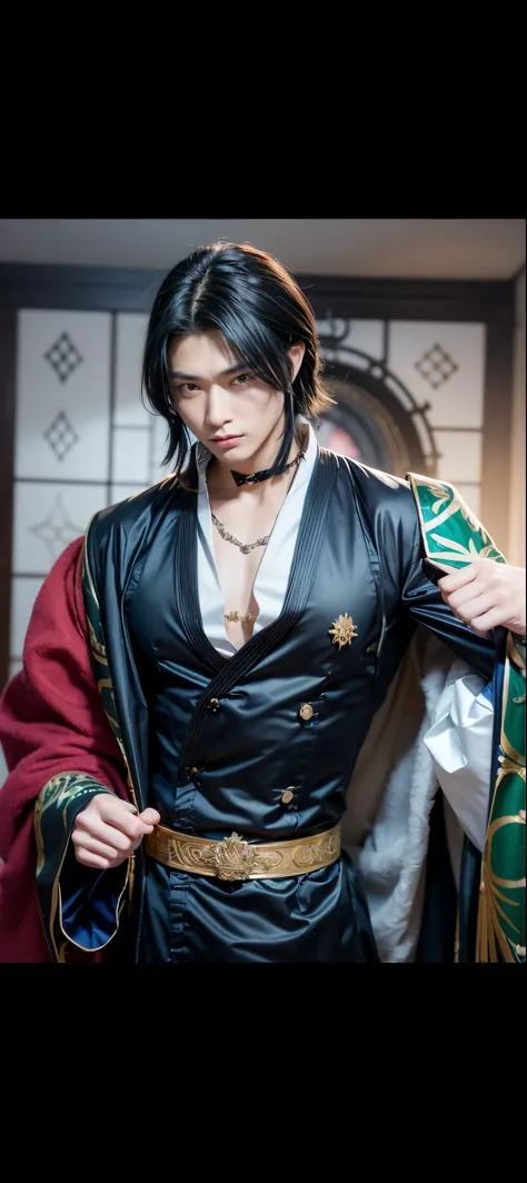 image of a man with a black hair, inspired by Okumura Masanobu, ((wearing aristocrat robe)), handsome japanese demon boy, handsome man, hajime yatate, handsome guy in demon slayer, tall guy with blue eyes, handsome pose, inspired by Yamagata Hiro, okata ka...