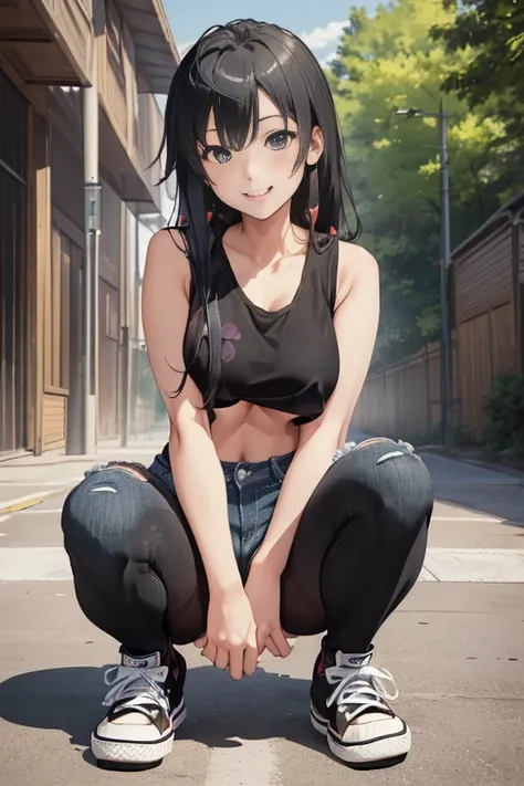 (masterpiece, best quality:1.2), cowboy shot, solo, 1girl, yukinoshita yukino, ((smile face:1.4)), ((looking at viever:1.4)), ((short jeans:1.4)), ((black tank tshirt:1.4)), ((underboob:1.4)), ((black pantyhose:1.4)), ((full body)), ((squating:1.4)), ((spr...