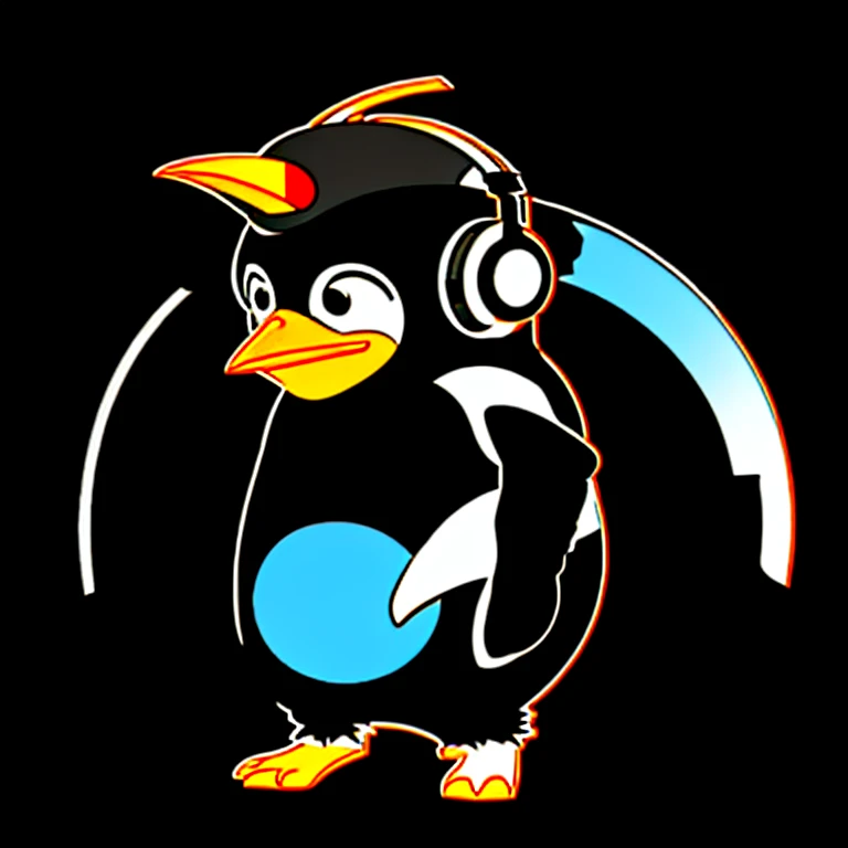 A penguin with a gaming headset on head, twitch logo, high quality