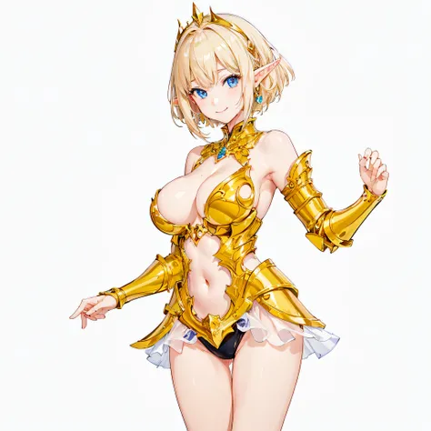 ​masterpiece、top-quality、ighly detailed、hight resolution、１６ｋ、fullnude、teats、Boob proportions、golden armour、Very thin skirt、Black pants、Full body like、Very white skin、Beautiful fingers、Anime girl with very big breasts posing naked、Perfect Style、elvish、no-br...