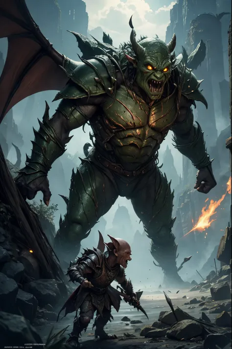 8K,1 Goblin knight with small green skin and armor,(realistic representation)Goblin has a crude axe、Goblin in metal armor,Has a large metal shield,Dragon Fantasy Goblin Dragon Fantasy Goblin、goblin art、Medium portrait of a goblin、orc themed、goblin portrait...