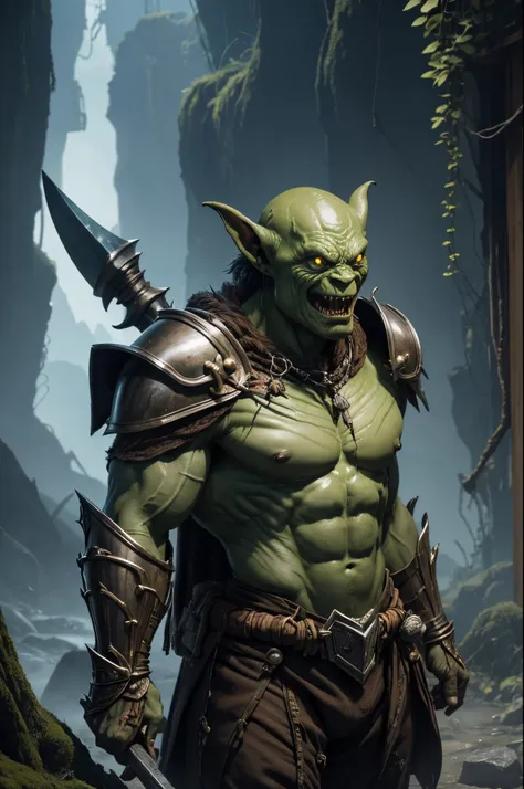 8K,1 Goblin knight with small green skin and armor,(realistic representation)Goblin has a crude axe、Goblin in metal armor,Has a large metal shield,Dragon Fantasy Goblin Dragon Fantasy Goblin、goblin art、Medium portrait of a goblin、orc themed、goblin portrait...