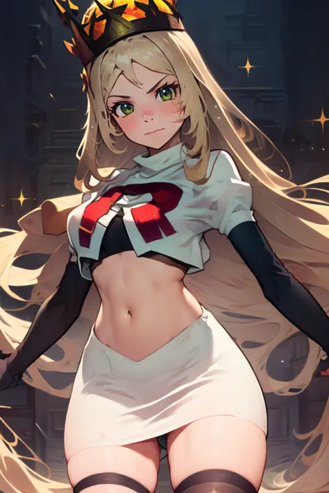 celinefe, celinecrown, team rocket uniform, red letter R, white skirt,white crop top,black thigh-highs,black elbow gloves, arrogant look, cowboy shot, posing, sparkles of light around the elbow gloves