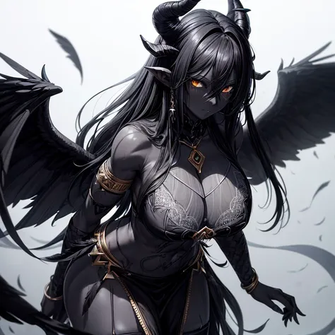 Best quality，A high resolution，One demon，(Pure black skin:1.7)，(a pair of long, curved horns：1.5)，Wings with black feathers，（gigantic cleavage breasts：1.3），（sexy for：1.2），Muscular