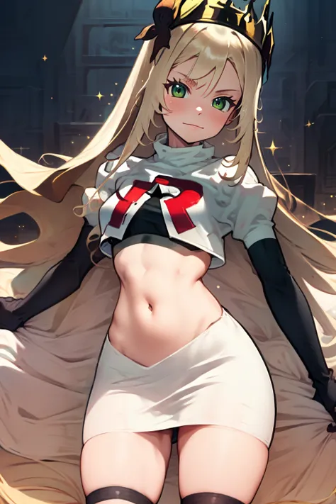 celinefe, celinecrown, team rocket uniform, red letter R, white skirt,white crop top,black thigh-highs,black elbow gloves, sinister look, cowboy shot, posing, sparkles of light around the elbow gloves