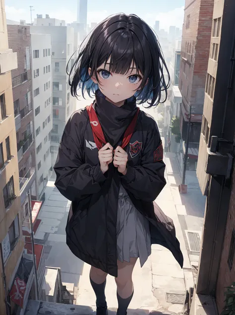 Ninjas are... cool and... fast.！God quality,  anime moe artstyle,best anime 8k konachan wallpaper,badass anime 8k,perfect anatomy, (Please draw a picture of a ninja girl looking down on the city from the rooftop.)from diagonally above,dutch angle,break, 1g...