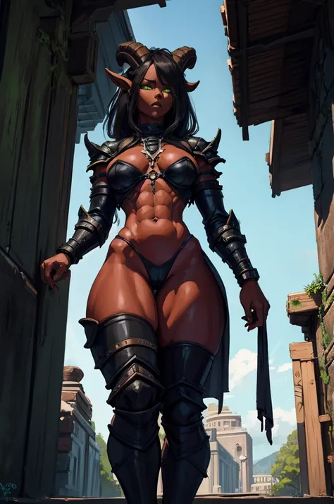 SeaArt Bot Txt2Img Default 01:00:26 (Masterpiece) (High Detail) (High Res) (Black Skin) Looking from below A tall black humanoid girl with dark skin and ebony flesh and green eyes and short black hair and goat ears and short dark goat horns and a toned bod...