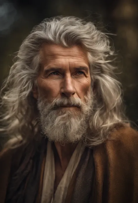 realistic portrait of an ancient sage ((lange, graue Haare, langer, grauer Bart)). Die Umgebung ist immersiv mit realistischen Details und die Beleuchtung ist perfekt, um der Szene Dramatik und Tiefe zu verleihen., Mechanisches Foto: Realistisches Epos, So...