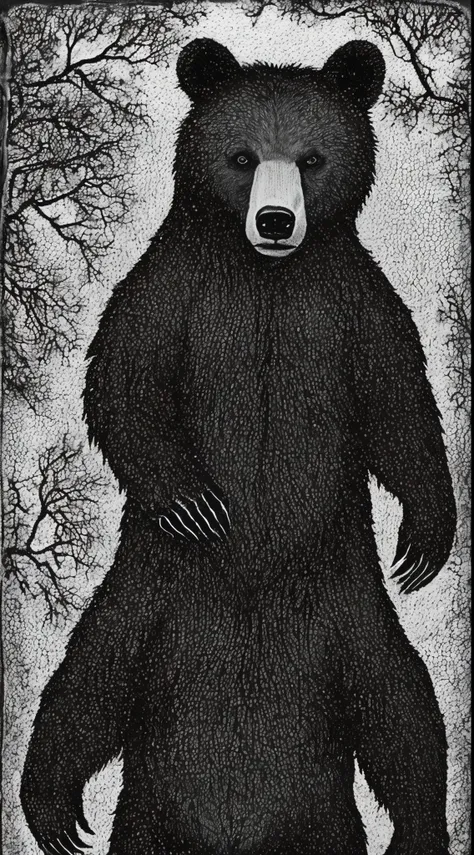 Black bear, werewolf bear, (black skin:1,6), all covered with wool, dressless, Medieval times, bear, bear on two legs, a bear covered only with fur and without clothes, A big bear, (wild bear:1,5), one bear, in full height