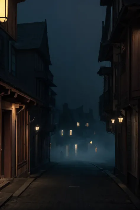 buildings at night、
eerie appearance、foggy