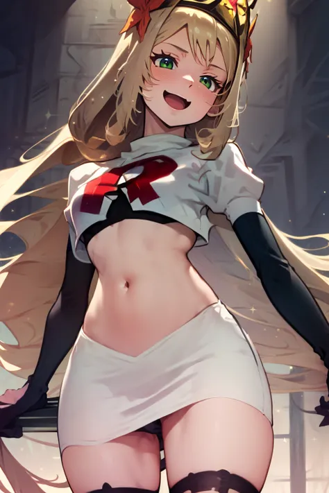 celinefe, celinecrown, team rocket uniform, red letter R, white skirt,white crop top,black thigh-highs,black elbow gloves, evil laugh, looking down on viewer, cowboy shot, posing, sparkles of light around the elbow gloves