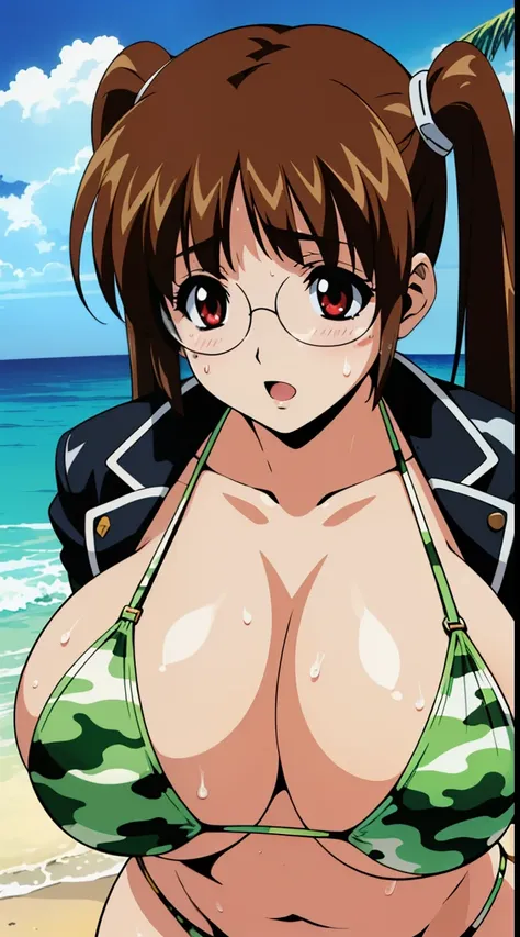 ((Prim_snowlight,brown hair,twin tail,glasses,red eyes)), Anime cel drawing style, Best Quality, High resolution,Sexy,Erotic,(Bikini with camouflage pattern:1.3), (Huge breasts:1.4), ,(the beach:1.3), Cowboy Shot, blush, lightsmile, :o,(Mass sweat:1.4),(dy...