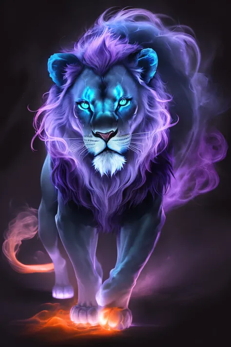 bioluminescent lion made of orange|crimson|purple smoke dark blue|Lilac background