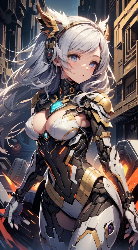 top-quality、Top image quality、​masterpiece、girl with((red and blue mechanical body armor、red mechanic arm、purple leg arms、Shining gold body line、sixteen years old、teen ager、cute little、Best Bust、big bast,Beautiful light blue eyes、Breasts wide open, Purple ...