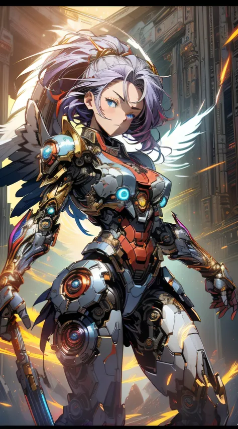 top-quality、Top image quality、​masterpiece、girl with((red and blue mechanical body armor、red mechanic arm、purple leg arms、Shining gold body line、sixteen years old、teen ager、cute little、Best Bust、big bast,Beautiful light blue eyes、Breasts wide open, Purple ...