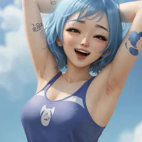 Blue hair, ahegao face,  show armpit