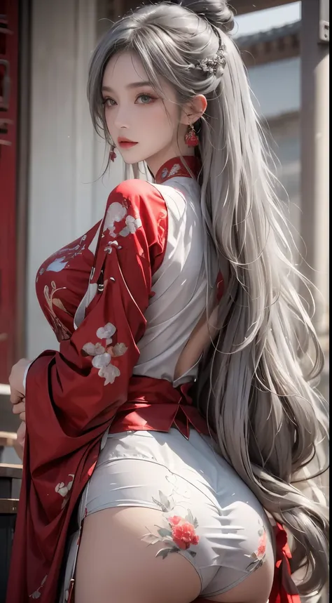 realistically, A high resolution, 1人の女性, butt lift, pretty eyes, Long gray hair, eye socket, jewely, tattoo is, Hanfu, Chinese beautiful woman, Red embroidered Chinese clothing