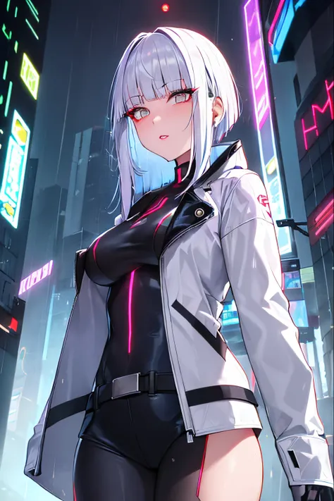 Lucy (Cyberpunk), 1Girl, in full height, Hair cutting, hime cut, silver haired, Colored tips, full moon, gray eyes, jacket, long sleeves, looking a viewer, Medium Hair, multi-colored hair, Parted bangs, parted lips, rose hair, portraite of a, Red Eyeliner,...