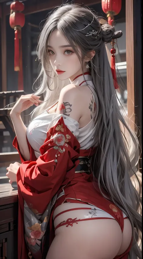 realistically, A high resolution, 1人の女性, butt lift, pretty eyes, Long gray hair, eye socket, jewely, tattoo is, Hanfu, Chinese beautiful woman, Red embroidered Chinese clothing