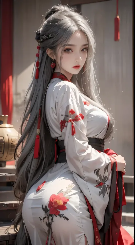 realistically, A high resolution, 1人の女性, butt lift, pretty eyes, Long gray hair, eye socket, jewely, tattoo is, Hanfu, Chinese beautiful woman, Red embroidered Chinese clothing