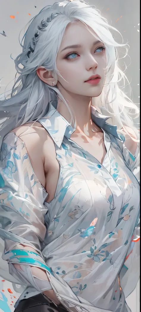 Realistic, high resolution, upper body, 1 woman, white hair, glowing eyes, shirt, transparent garment, 8K, CG, seduction, goddess, hands on the back of the head